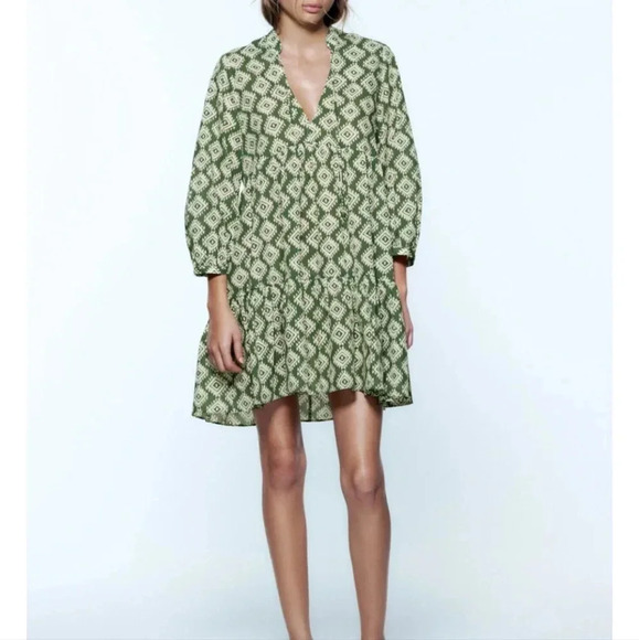 Zara Cadie Geometric Green Mini Smock Dress Boho, Cottagecore SZ Small - Picture 3 of 13